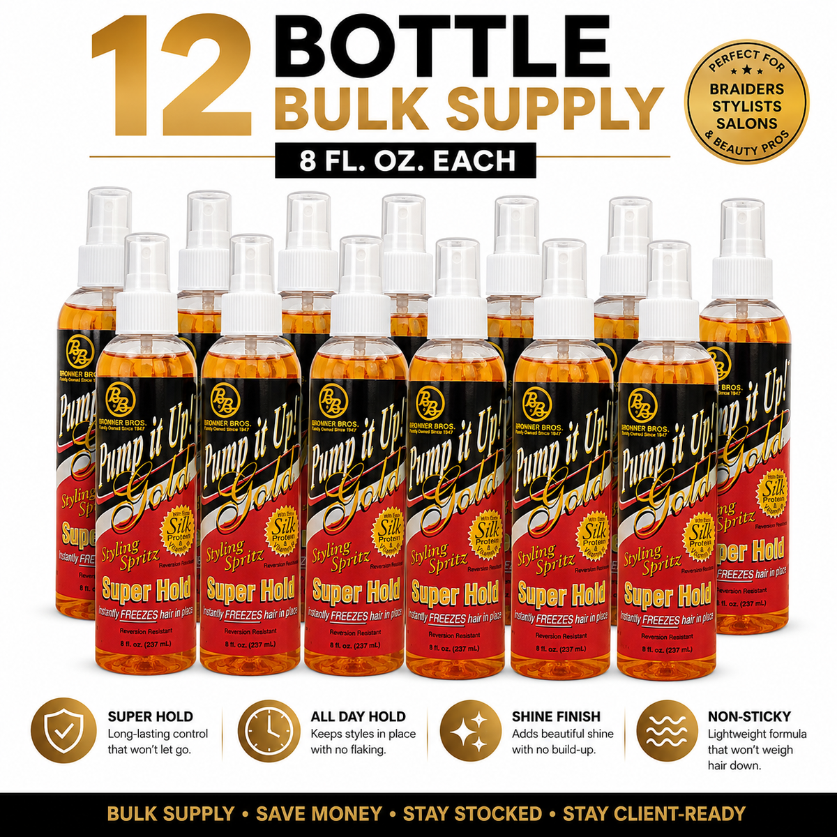 Pump It Up! Gold Super Hold Styling Spritz – 12 Bottle Bulk Pack | 8 oz Each