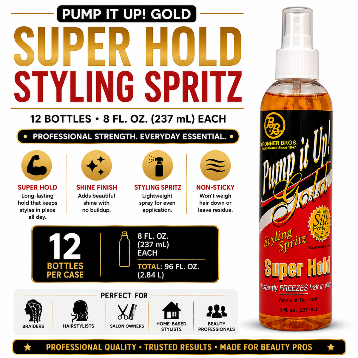 Pump It Up! Gold Super Hold Styling Spritz – 12 Bottle Bulk Pack | 8 oz Each