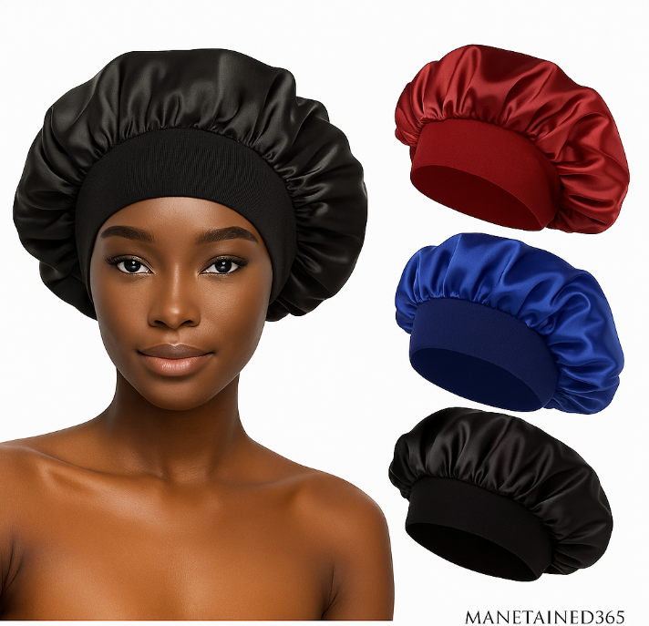 MANETAINED365 3-Piece Satin Bonnet Set – Luxury Hair Protection for Braids, Curls & Edges ($9.99)